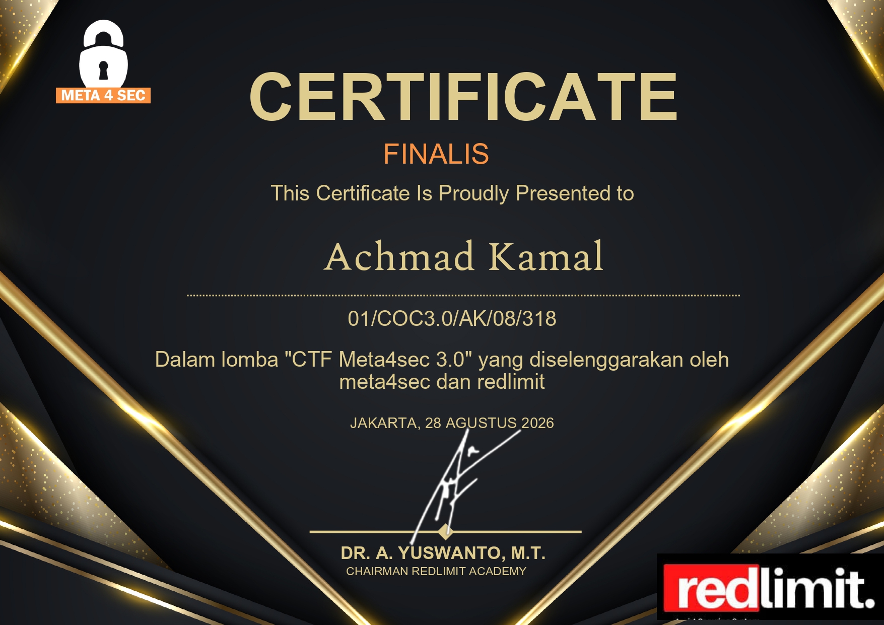 CTF Meta4sec 3.0 Finalist Certificate